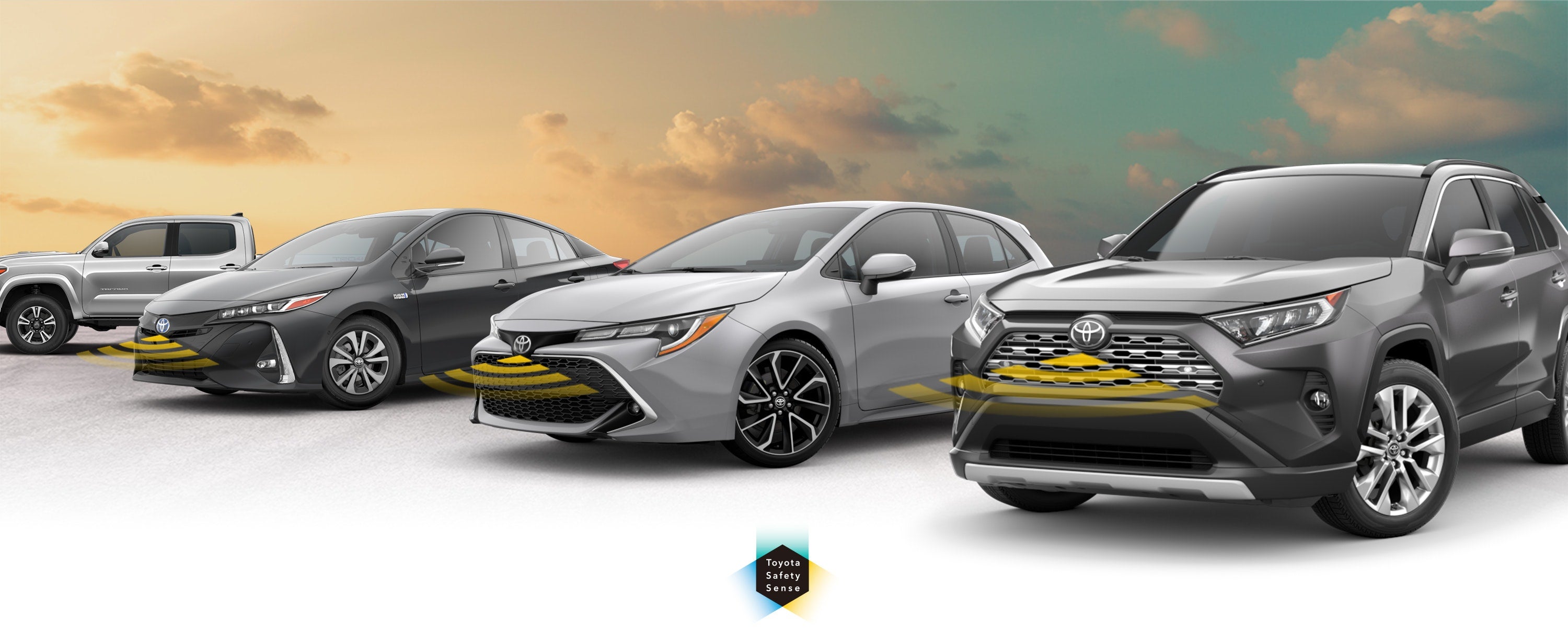 Toyota Safety Sense: Designed for Safety. Options shown on Toyota models including RAV4, Tacoma, and Camry, available now at Venice Toyota in Venice FL.